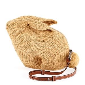 LOEWE Bunny Crossbody Woven Raffia Rabbit Tail Mini Bag Adjustable Leather Strap